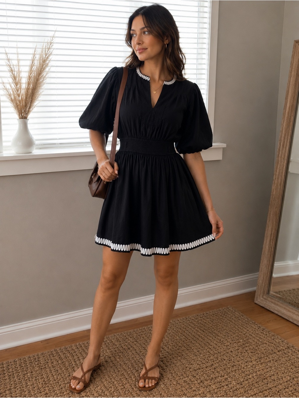 Böhme Black Cotton Puff Sleeve Mini Dress Ric Rac Trim Smocked Waist Size L